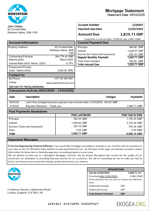 Royaume , Uni Relevé hypothécaire de la WestStein Bank aux formats Word et PDF